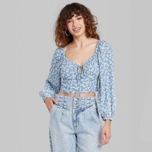 Wild Fable Women Blue Floral Puff Long Sleeve Sweetheart Milkmaid Cropped Top XS